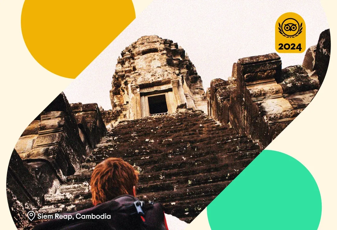 Image Description: A rotating GIF of things to do around the world, including a traveler looking at a tower in Angkor Wat, a traveler sandboarding in Dubai’s desert, and travelers on a boat watching  a whale raising its tail out of the sea in Alaska. A gold 2024 Travelers’ Choice Awards Best of the Best badge is on the top right of each image.
