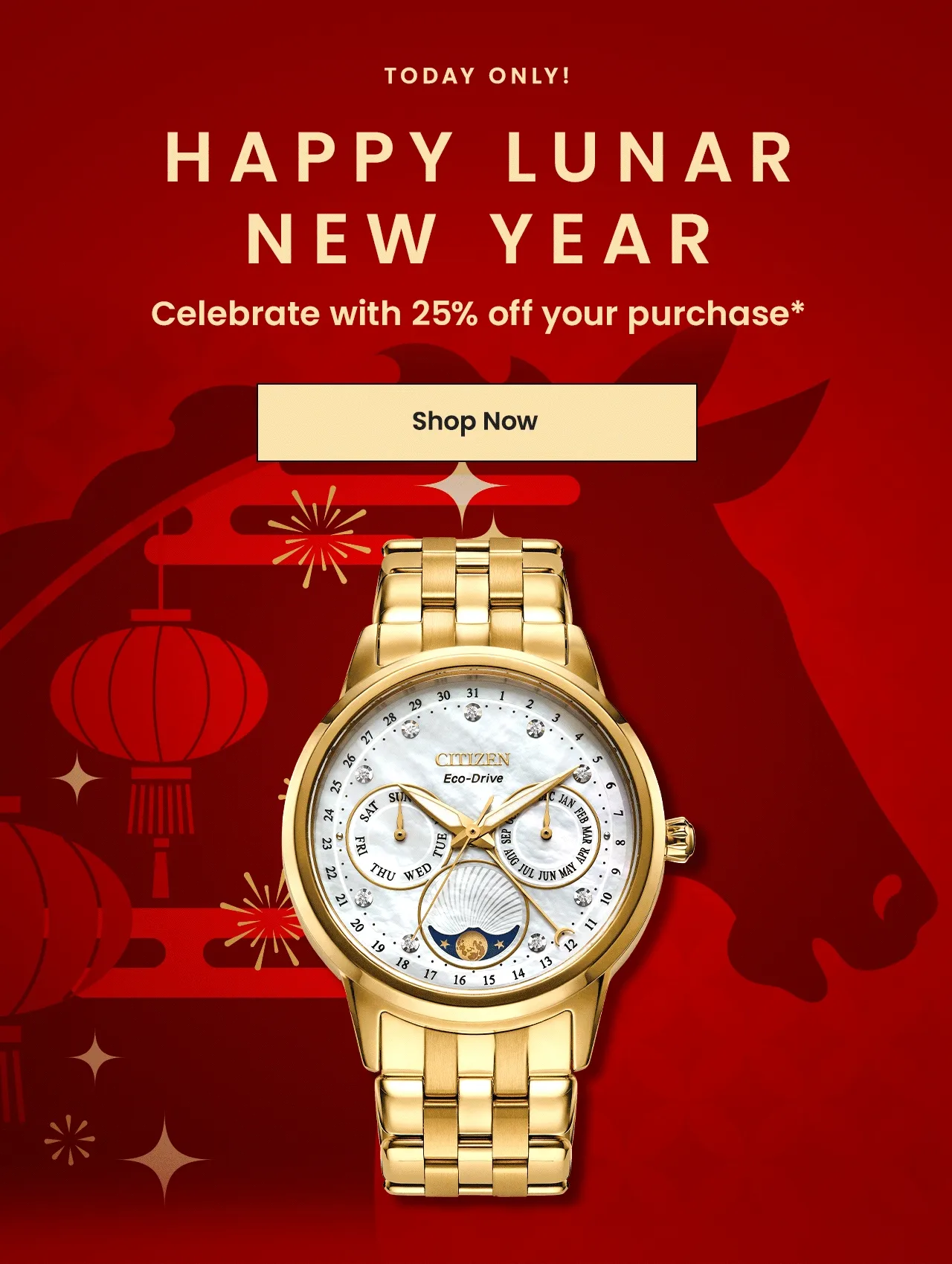 Happy Lunar New Year! Celebrate with 25% off your purchase. Image featuring red Tsuki-yomi A-T and gold Calendrier models on red Lunar New Year background