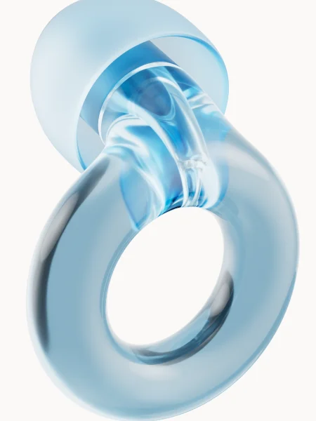 Close-up of Loop Engage earplug in Bubble Blue from the Kinetic Collection.