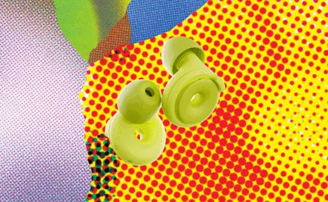 Loop Kinetic Collection earplugs on colorful collage backgrounds.