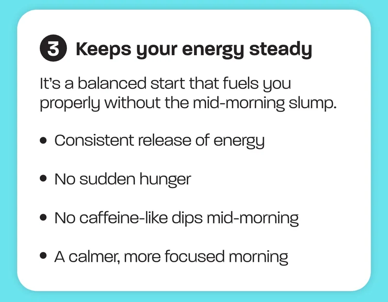 Sugary cereals give you a quick burst… and then a quick crash. ELEAT gives you:  - Consistent release of energy - No sudden hunger - No caffeine-like dips mid-morning - A calmer, more focused morning
