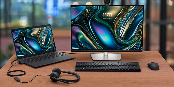 A Dell laptop computer, monitor, headset, wireless keyboard                               and mouse on an office desk.