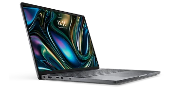 Side view of a Dell laptop computer on a dark gray                                                 background.