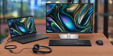 A Dell laptop computer, monitor, headset, wireless                               keyboard and mouse on an office desk.