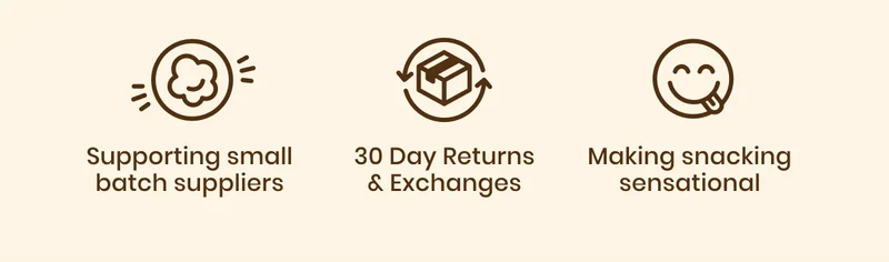 supporting small batch suppliers / 30 day returns & exchanges / making snacking sensational