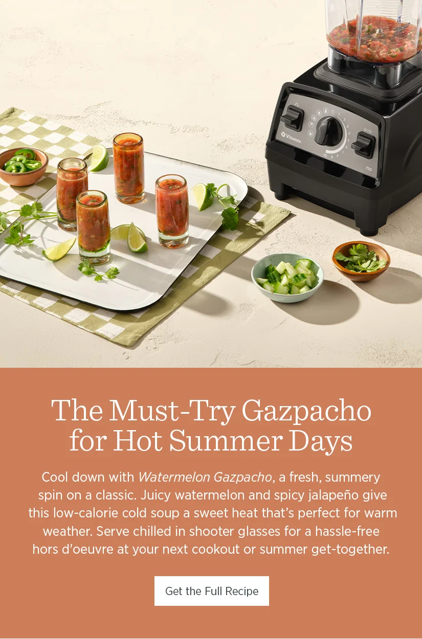 The must-try Gazpacho for hot summer days. Cool down with Watermelon Gazpacho, a fresh, summery spin on a classic. Juicy watermelon and spicy jalapeno give this low-calorie soup a sweet heat that's perfect for warm weather. Serve chilled in shooter glasses for a hassle-free hors d'oeuvre at your next cookout or summer get-together.