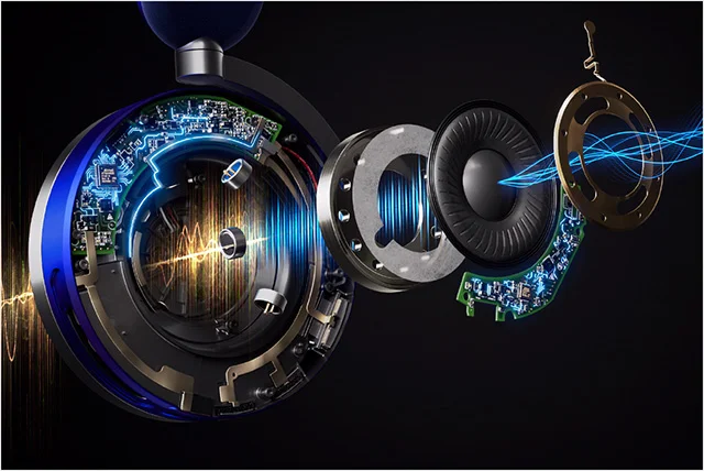 Exploded view of the circuit board and components inside the ear cups