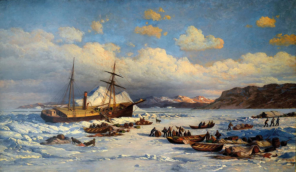 An 1875 oil painting depicting The Polaris trapped in ice