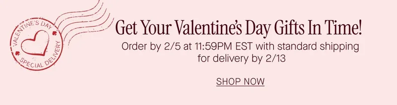 Get Your Valentines Day Gifts In Time!  Order by 2/5 at 11:59PM EST with standard shipping  for delivery by 2/13  SHOP NOW