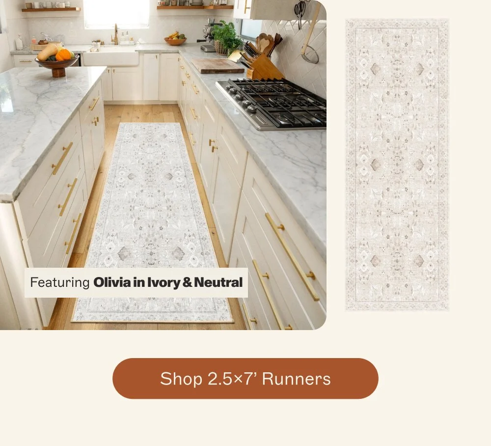 Featuring Olivia in Ivory & Neutral shop 2.5x7’ runners