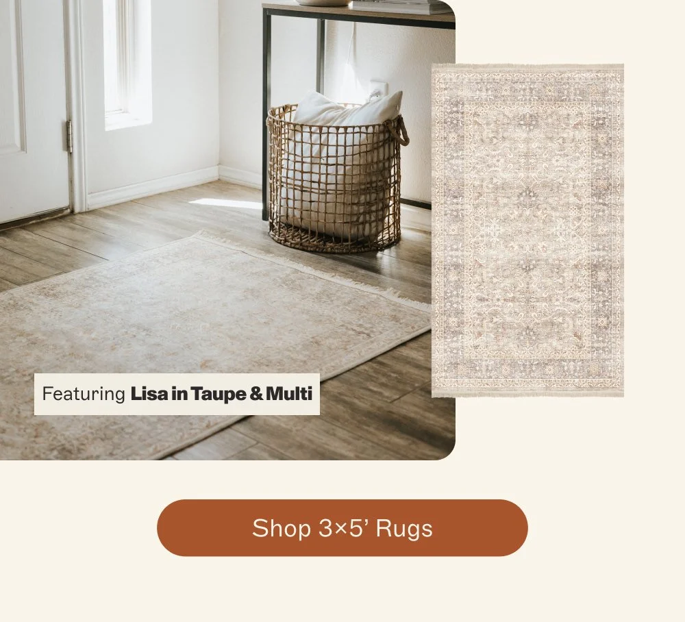 Featuring Lisa in Taupe & Multi shop 3x5’ rugs