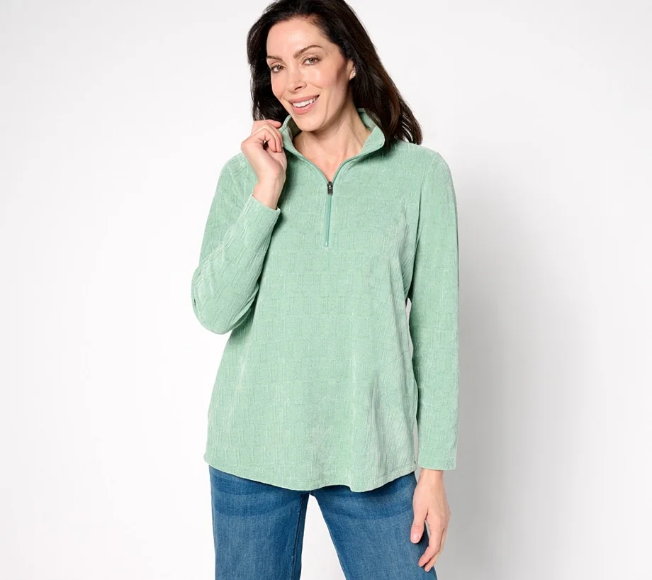 Denim & Co. Petite Half Zip Textured Knit Tunic