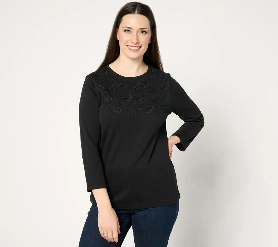 BEAUTIFUL by Lawrence Zarian Embroidered Knit 3/4-Sleeve Top