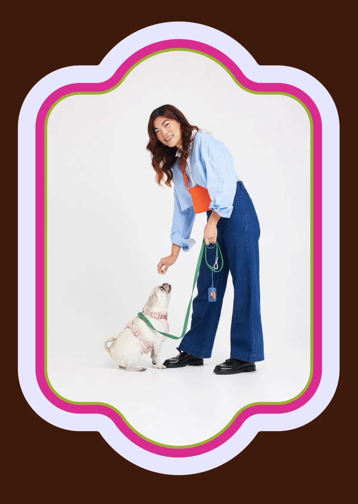 girl in denim outfit with dog in mix and match harness walk kit