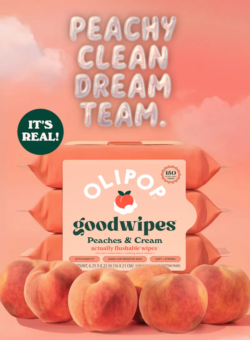 Here’s a fun little plot twist: The OLIPOP x goodwipes Peaches & Cream actually‑flushable wipes are REAL. Made with plant‑based fibers, soothing aloe, vitamin E, and a very OLIPOP Peaches & Clean scent, these wipes are here to keep things fresh from start to finish… or as we like to say, from can to can.