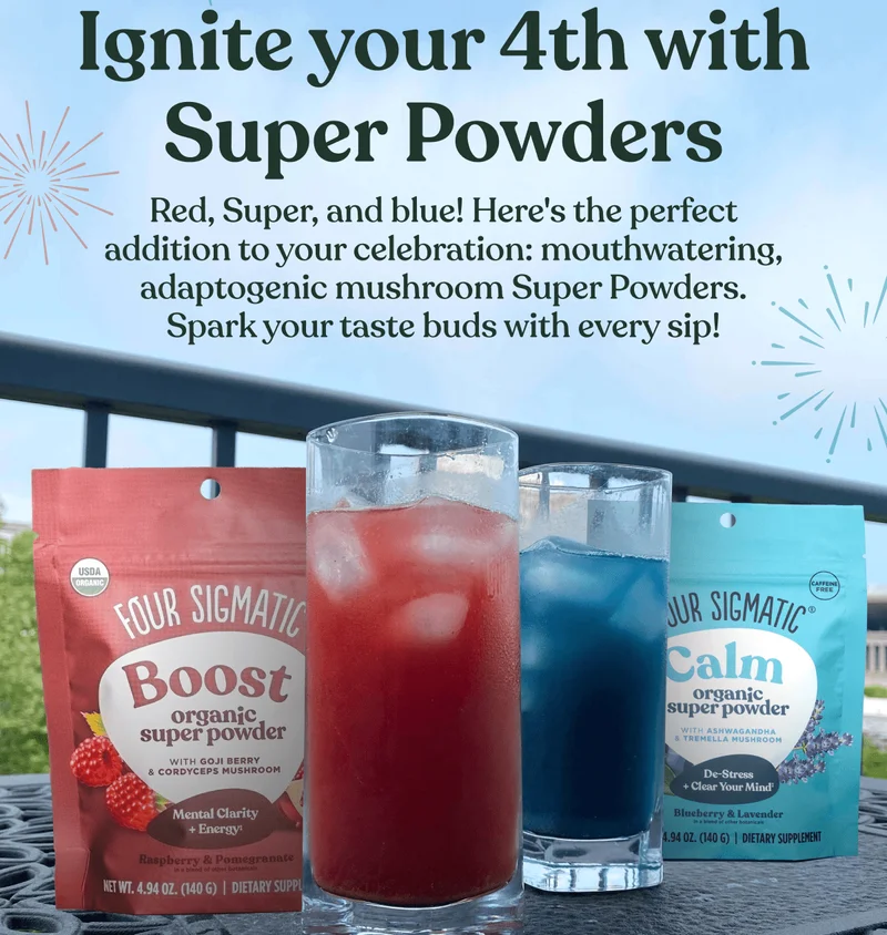 Ignite your 4th with Super Powders | Red, Super, and blue! Here's the perfect addition to your celebration: mouthwatering, adaptogenic mushroom Super Powders. Spark your taste buds with every sip!