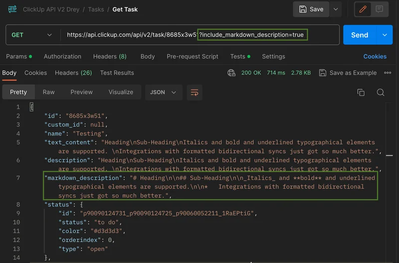 Get task descriptions in Markdown via API
