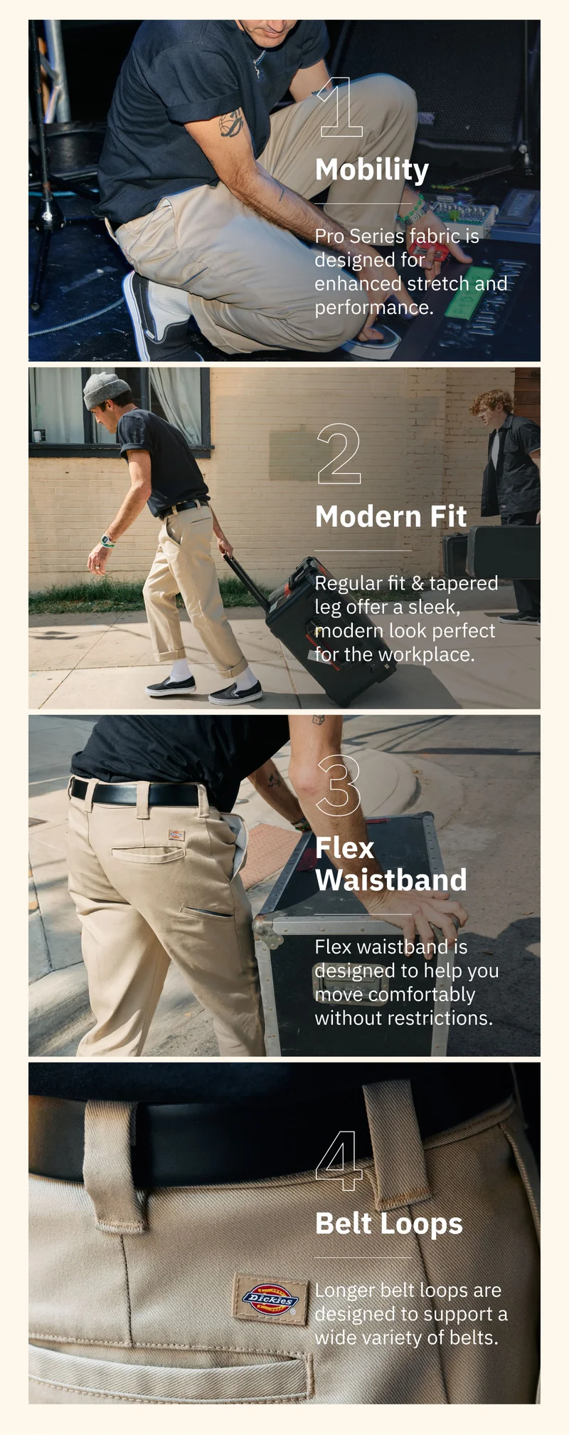 1. Mobility. 2. Modern Fit. 3. Flex Waistband. 4. Belt Loops.