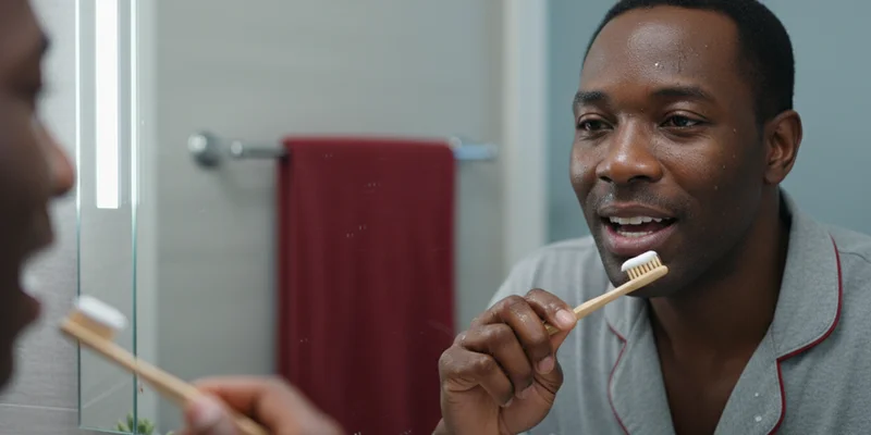 A man smiles in the mirror as he brushes his teeth.