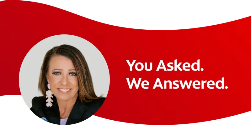 Headshot of Mandy Dennis (RDH) on top of a red wave graphic background accompanied by the text