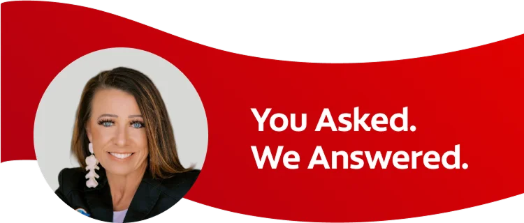 Headshot of Mandy Dennis (RDH) on top of a red wave graphic background accompanied by the text