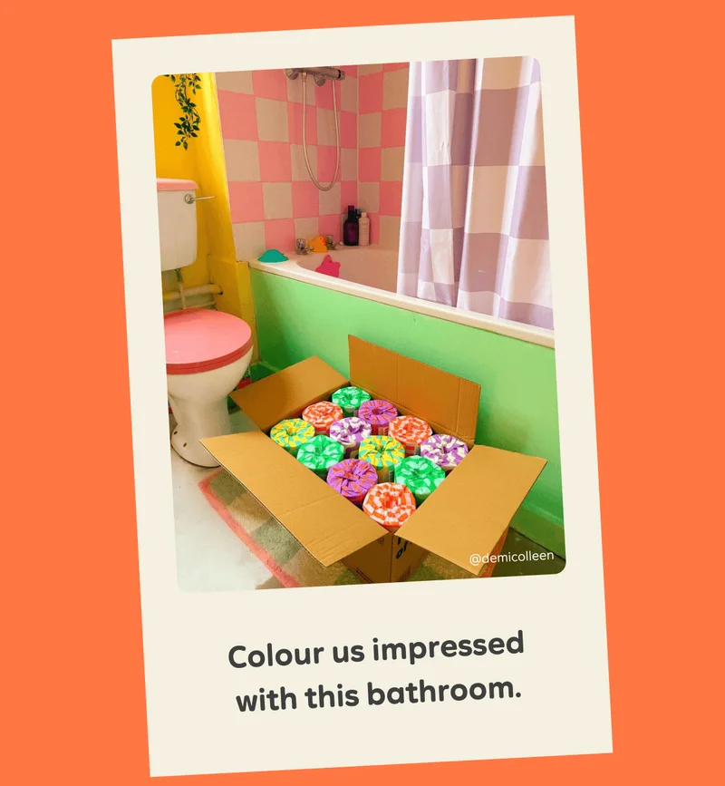 Colour us impressed with this bathroom. Image: Who Gives A Crap toilet paper in the middle of a pastel coloured bathroom. Image by @demicolleen