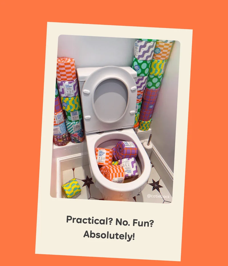 Practical? No. Fun? Absolutely! Image: Who Gives A Crap wrapped toilet paper stacked next to a toilet and IN the toilet. Image by @catieback