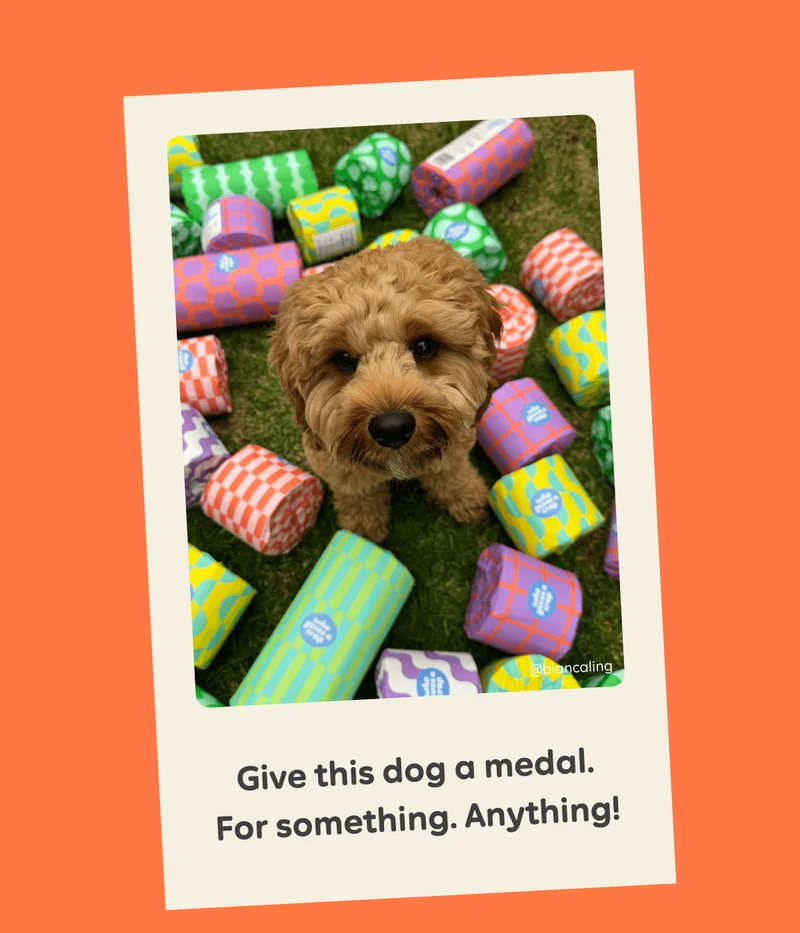 Give this dog a medal. For something. Anything! Image: Pup surrounded by Who Gives A Crap toilet paper and paper towels. Image by @biancaling