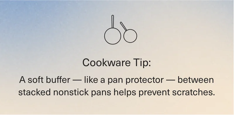 Cookware Tip: A soft buffer — like a pan protector — between stacked nonstick pans helps prevent scratches.