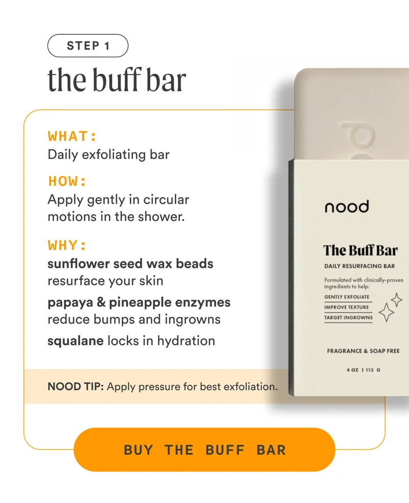 H2: Step 1: The Buff Bar S2: What: Daily exfoliating bar How: Apply gently in circular motions in the shower. Why: Sunflower seed wax beads resurface your skin Papaya & pineapple enzymes reduce bumps and ingrowns Squalane locks in hydration NOOD TIP: Apply pressure for best exfoliation. CTA2: BUY THE BUFF BAR