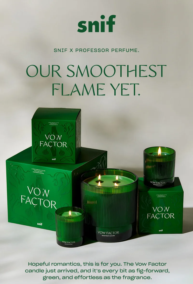 Hopeful romantics, this is for you. The Vow Factor candle just arrived, and it’s every bit as fig-forward, green, and effortless as the fragrance.