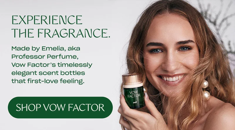 Made by Emelia, aka Professor Perfume, Vow Factor’s timelessly elegant scent bottles that first-love feeling. [shop vow factor]