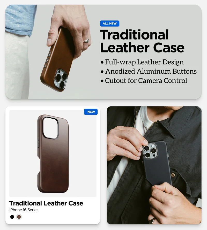 Traditional Leather Case. Full-wrap Leather Design. Anodized Buttons. MagSafe Compatible. Traditional Case peaking out of a jacket pocket.