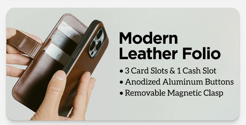 Modern Leather Folio. 3 card slots & 1 cash slot. Anodized aluminum buttons. Removable Magnetic Clasp.