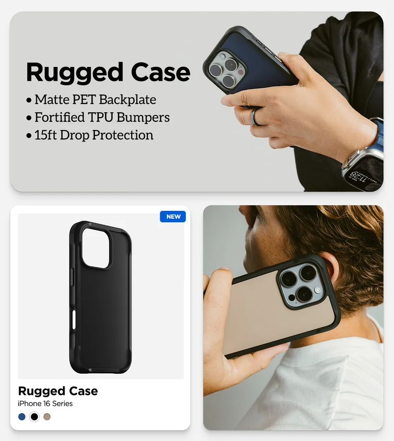 Rugged Case. Matte PET backplate. Fortified TPU bumpers. 15ft drop protection.