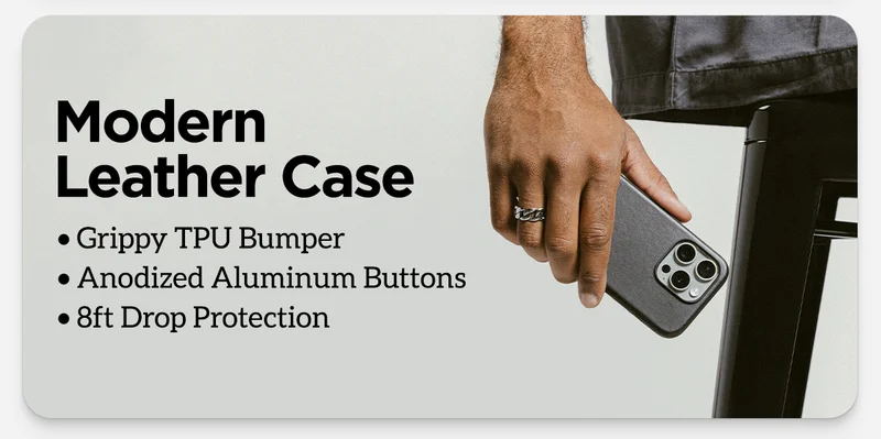 Modern Leather Case. Grippy TPU Bumper. Anodized Aluminum Buttons. 8ft Drop Protection.