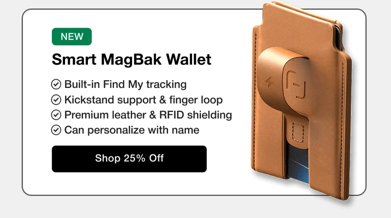 NEW Smart MagBak Wallet Built-in Find My tracking Kickstand support & finger loop Premium leather & RFID shielding Can personalize with name