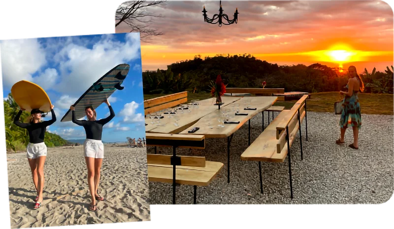 Annie Greenberg and friend surfing, and a private farm-to-table dinner at Hacienda Okhra