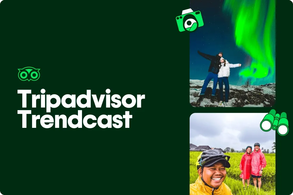 Image description: A gif reads Tripadvisor Trendcast with a lime green Tripadvisor owl logo and illustrations of a camera and binoculars. The gif cycles through photos of travelers with the northern lights, in a rice paddy, and on ATVs in the desert, and a photo of a dog by the pool.