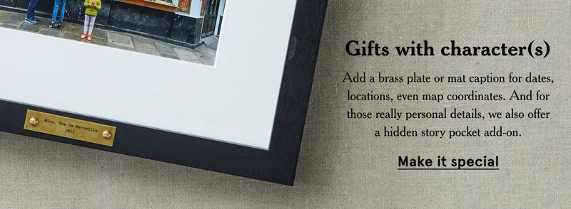 Add a brass plate or mat caption for dates, locations, even map coordinates. And for those really personal details, we also offer a hidden story pocket add-on.