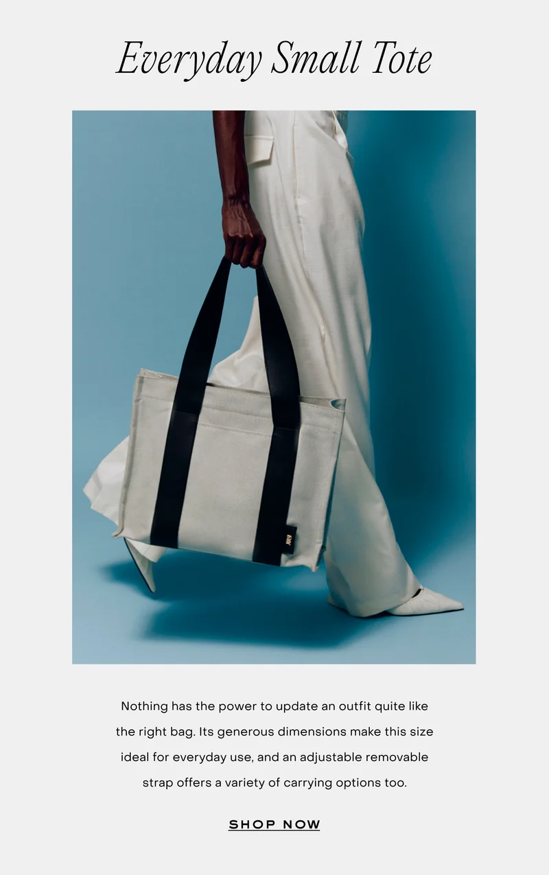 Everyday Small Tote. Nothing has the power to update an outfit quite like the right bag. Its generous dimensions make this size ideal for everyday use, and an adjustable removable strap offers a variety of carrying options too.