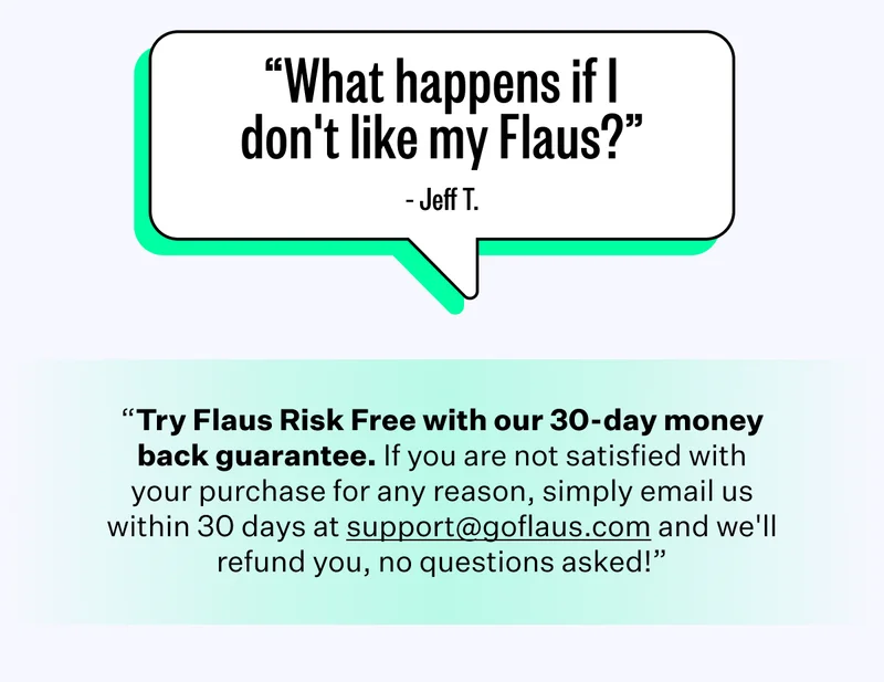 "What happens if I don't like my Flaus?" - Jeff T. | "Try Flaus Risk Free with our 30-day money back guarantee. If you are not satisfied with your purchase for any reason, simply email us within 30 days at support@goflaus.com and we'll refund you, no question asked!"