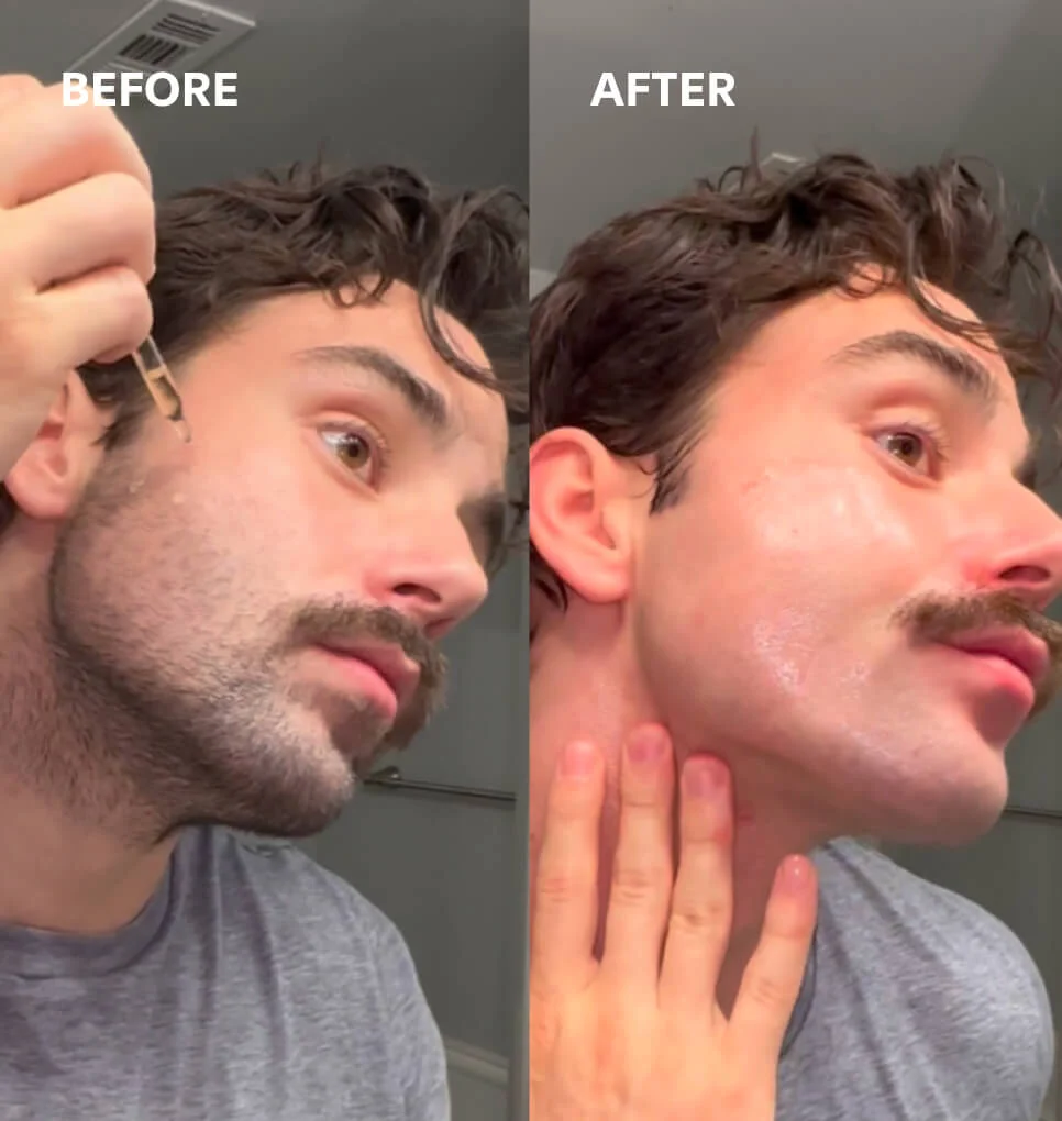 Man's before and after face shaving, from scruff to smooth with Leaf