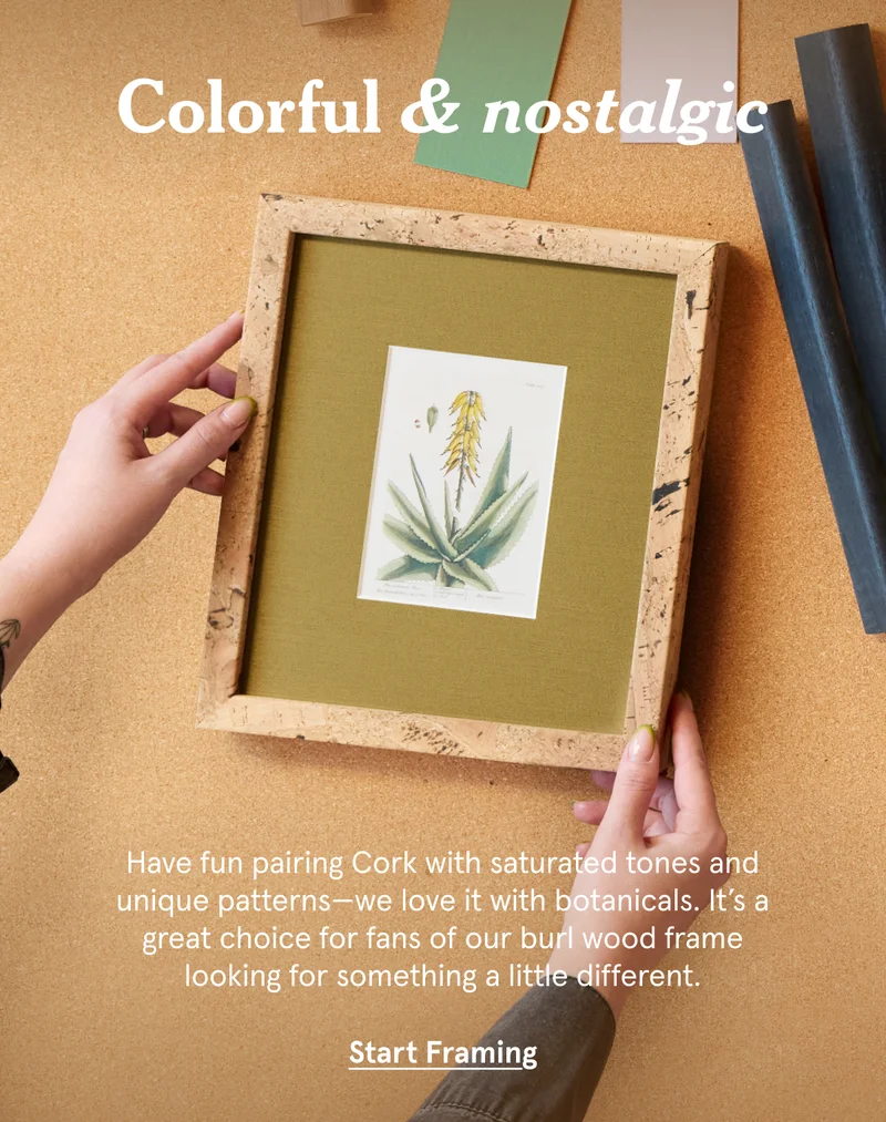 Have fun pairing Cork with saturated tones and unique patterns—we love it with botanicals. It’s a great choice for fans of our burl wood frame looking for something a little different.