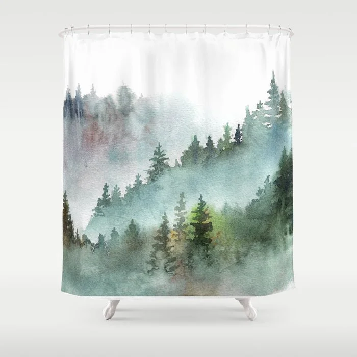 Watercolor Pine Forest Mountains in the Fog Shower Curtain Shower Curtain