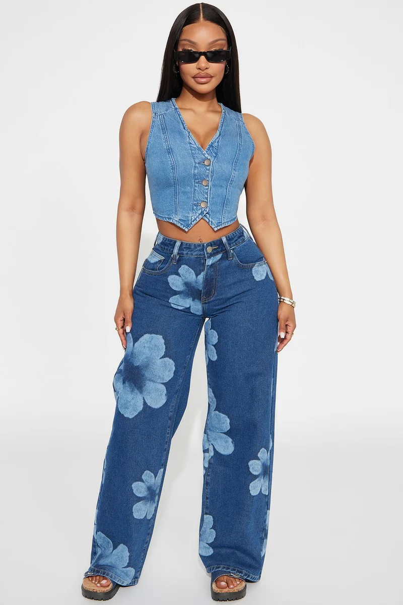 Image of Born To Bloom Baggy Denim Jeans - Dark Wash