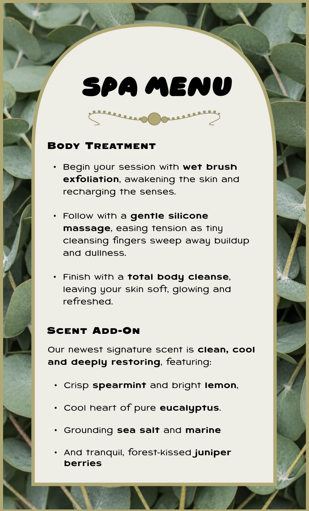 A fake spa menu for Eucalyptus Service
