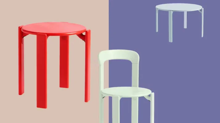 A Rey Stool, Rey Coffee Table, and Rey Chair in various colors.