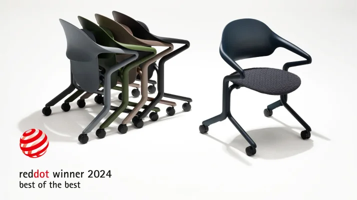 Four Fuld Nesting Chairs in various colors and finishes nested in a group next to a single Fuld Nesting Chair in Nightfall with the 3D Knit textile.