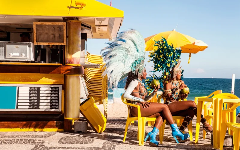 Elaborately costumed Samba dancers are the stars of Rio de Janeiro's many street festivals and parties.